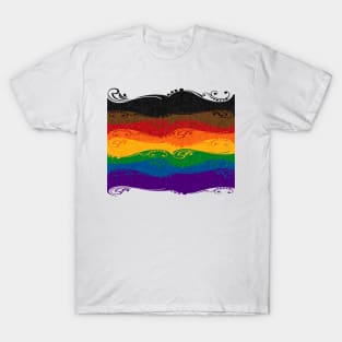 Fancy Swooped and Swirled Inclusive Rainbow Pride Flag Background T-Shirt